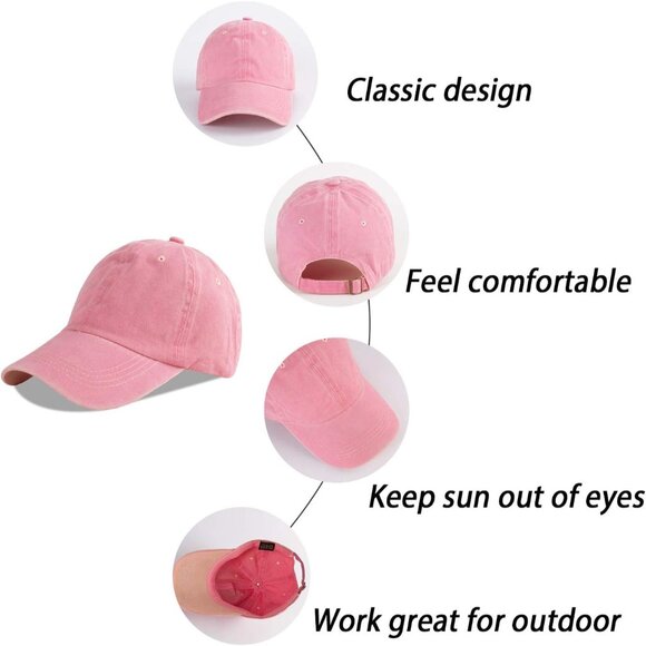 Unisex Washed-pink + White Baseball Cap Cotton Fits Washed Denim Adjustable Hat - Picture 6 of 6